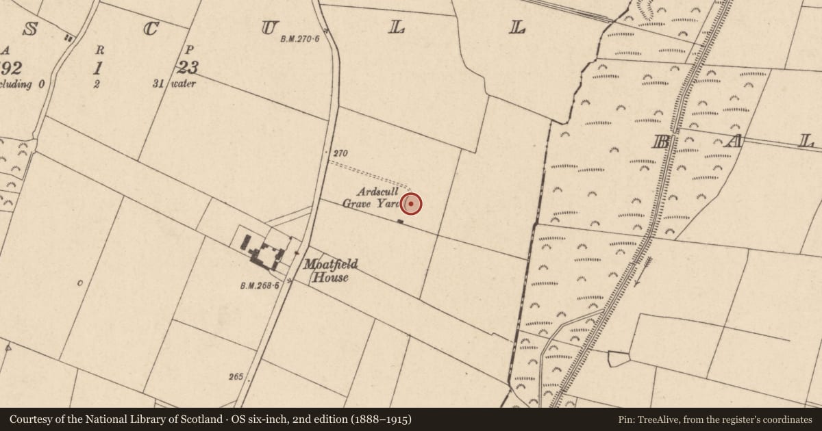 Ordnance Survey six-inch map, 2nd edition (1888–1915) covering the location of Ecclesiastical enclosure, Ardscull, County Kildare, with a pin at the register's coordinates