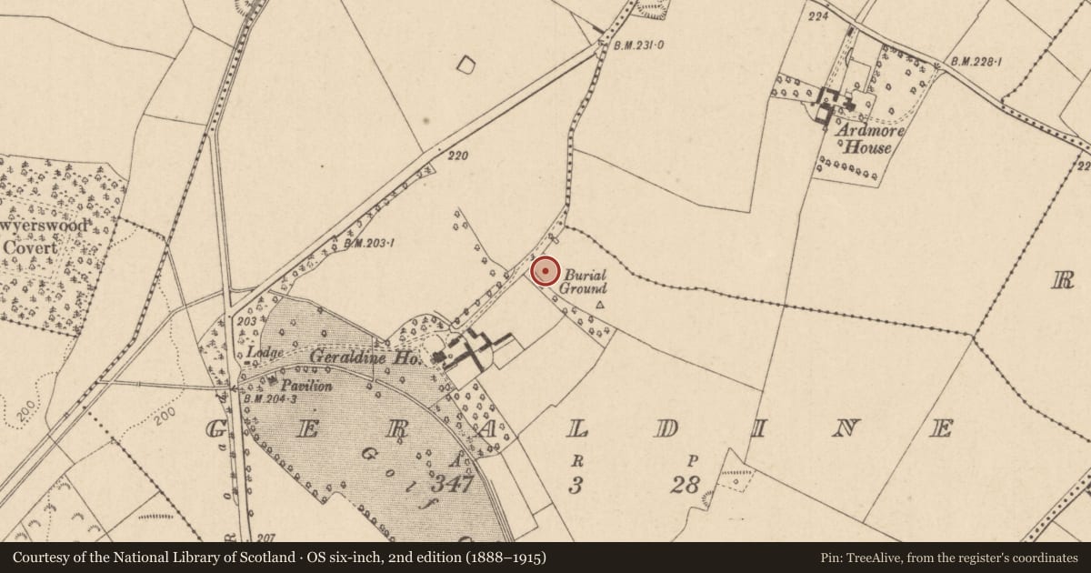 Ordnance Survey six-inch map, 2nd edition (1888–1915) covering the location of Church, Geraldine, County Kildare, with a pin at the register's coordinates