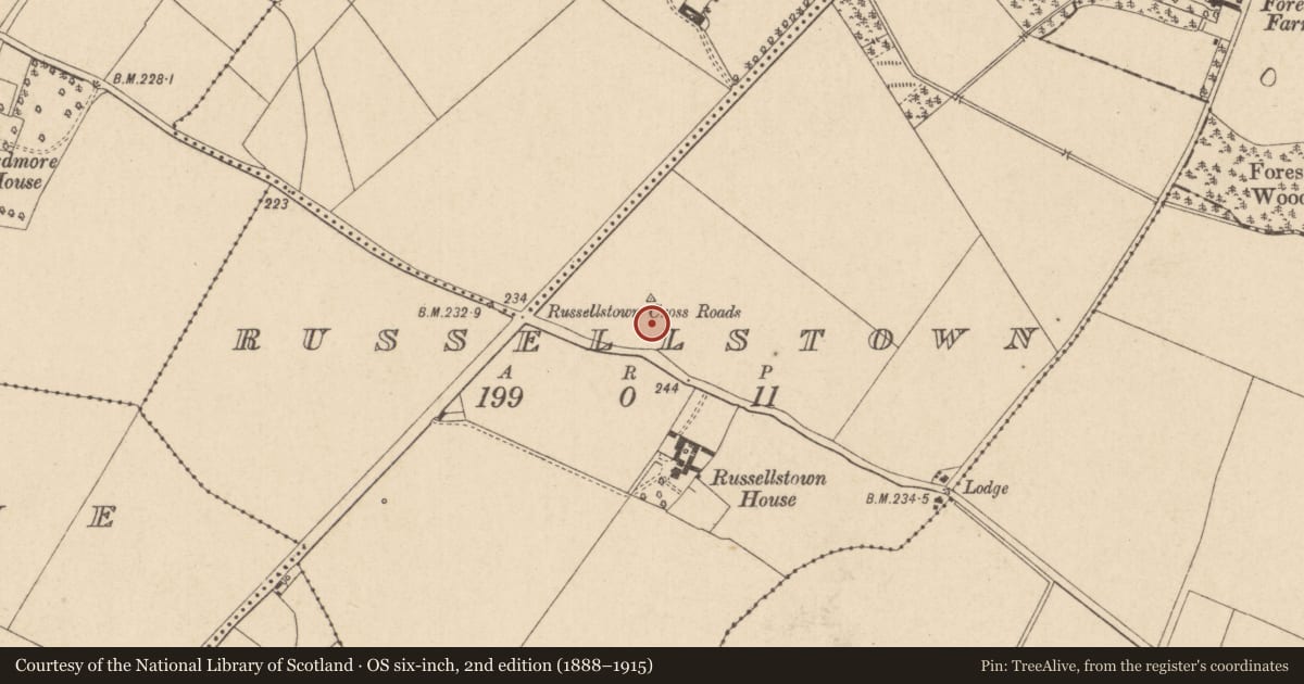 Ordnance Survey six-inch map, 2nd edition (1888–1915) covering the location of Field boundary, Russellstown, County Kildare, with a pin at the register's coordinates