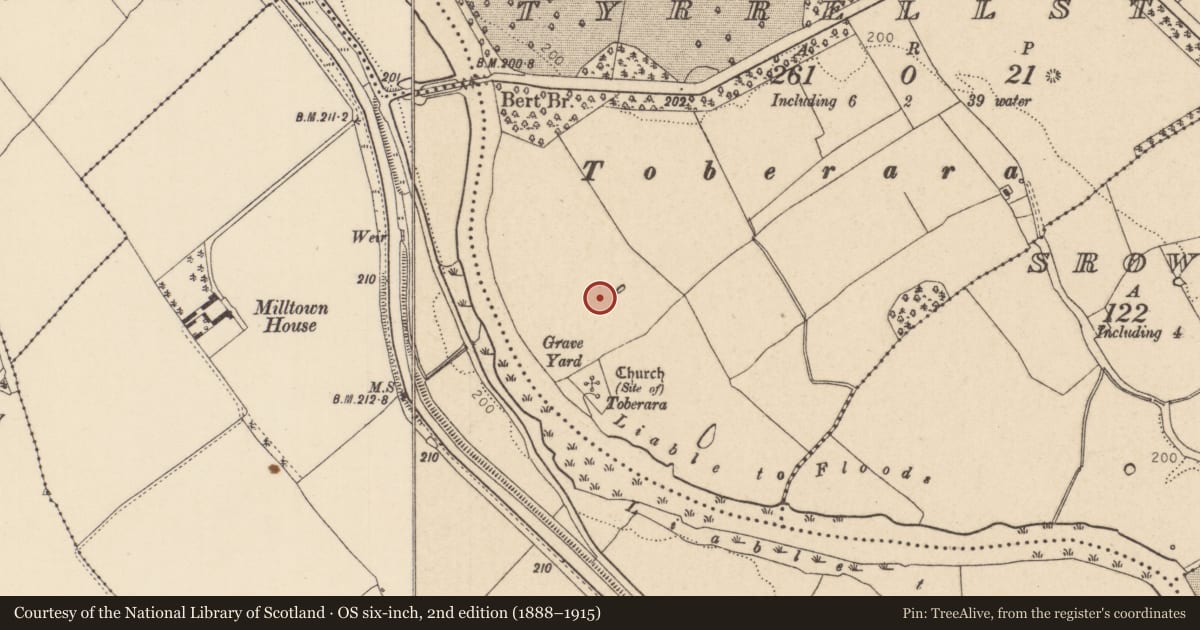 Ordnance Survey six-inch map, 2nd edition (1888–1915) covering the location of Enclosure, Tyrrellstown, County Kildare, with a pin at the register's coordinates