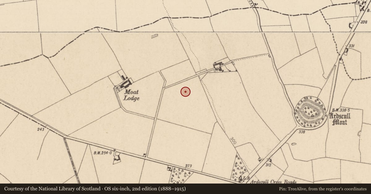 Ordnance Survey six-inch map, 2nd edition (1888–1915) covering the location of Moated site, Ardscull, County Kildare, with a pin at the register's coordinates
