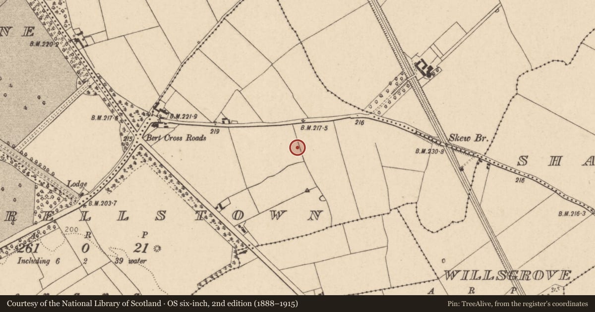 Ordnance Survey six-inch map, 2nd edition (1888–1915) covering the location of Enclosure, Tyrrellstown, County Kildare, with a pin at the register's coordinates
