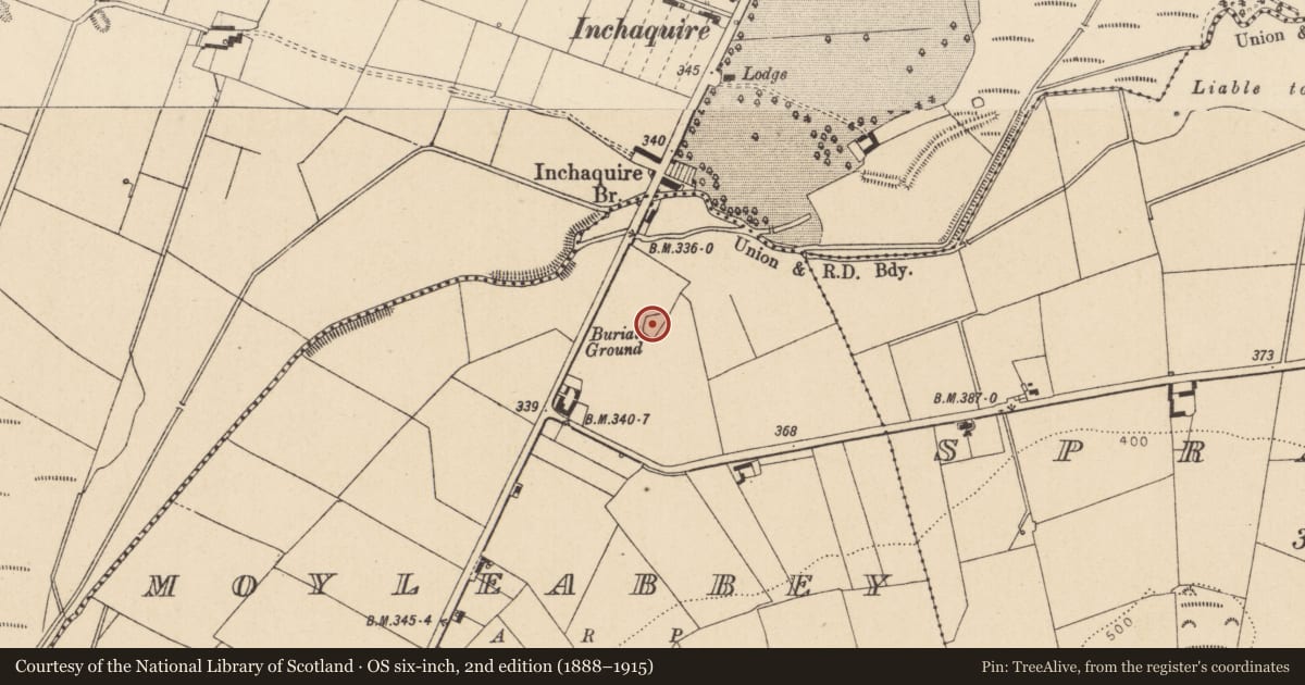 Ordnance Survey six-inch map, 2nd edition (1888–1915) covering the location of Burial ground, Moyleabbey, County Kildare, with a pin at the register's coordinates