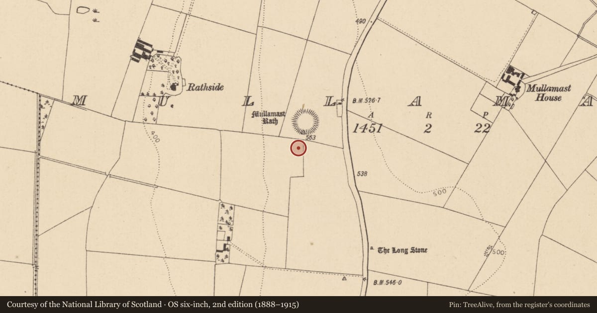 Ordnance Survey six-inch map, 2nd edition (1888–1915) covering the location of Barrow - unclassified, Mullamast, County Kildare, with a pin at the register's coordinates
