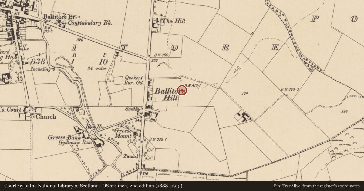 Ordnance Survey six-inch map, 2nd edition (1888–1915) covering the location of Enclosure, Ballitore, County Kildare, with a pin at the register's coordinates