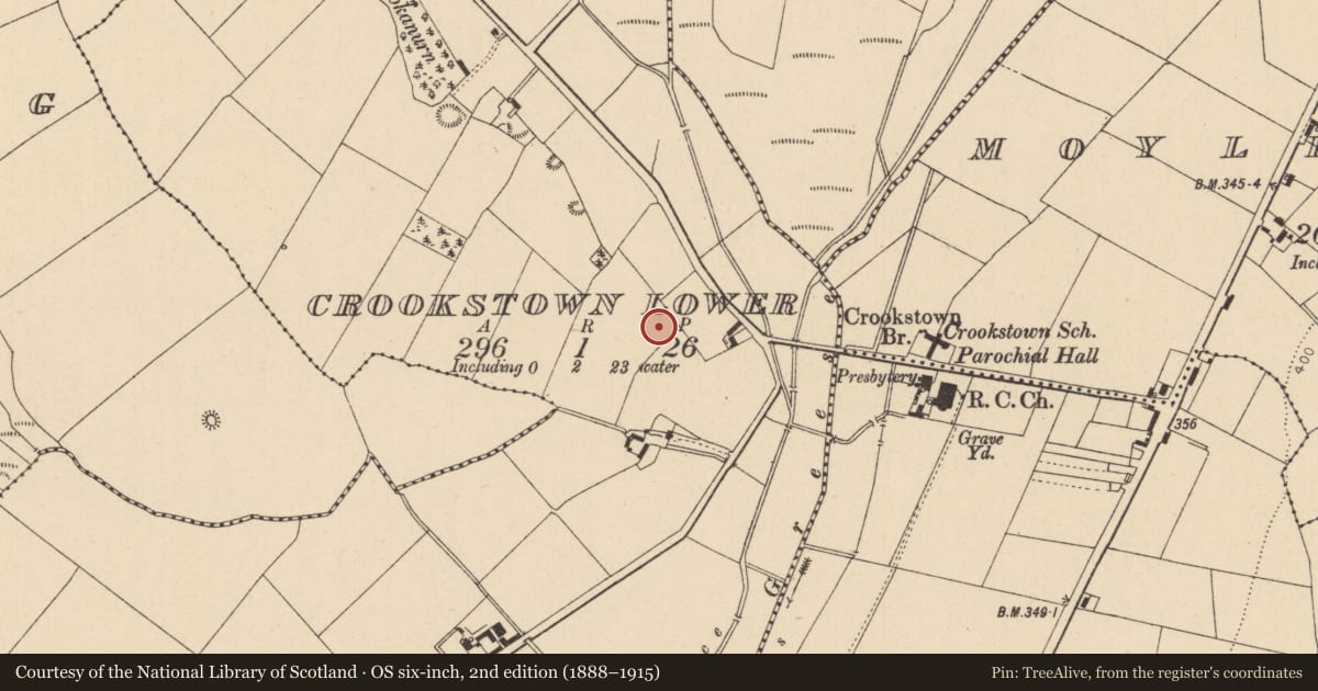 Ordnance Survey six-inch map, 2nd edition (1888–1915) covering the location of Enclosure, Crookstown Lower, County Kildare, with a pin at the register's coordinates