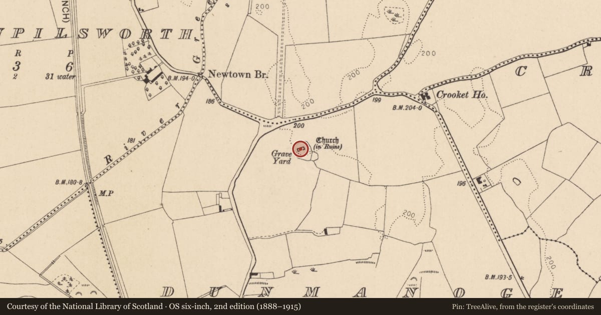 Ordnance Survey six-inch map, 2nd edition (1888–1915) covering the location of Church, Dunmanoge, County Kildare, with a pin at the register's coordinates