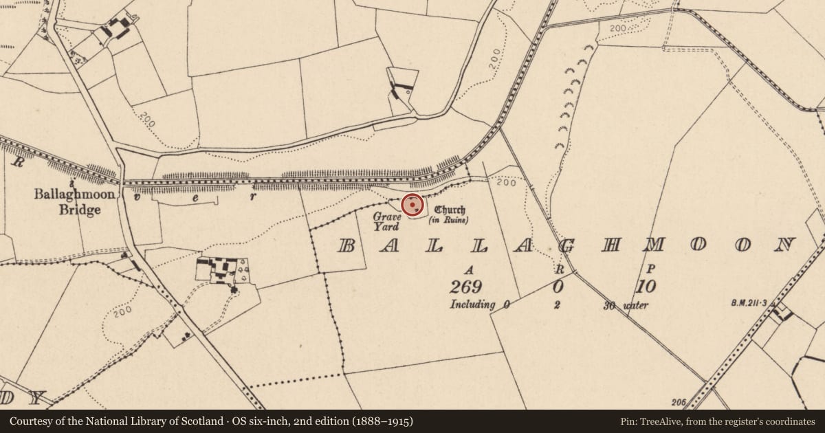 Ordnance Survey six-inch map, 2nd edition (1888–1915) covering the location of Graveyard, Ballaghmoon, County Kildare, with a pin at the register's coordinates