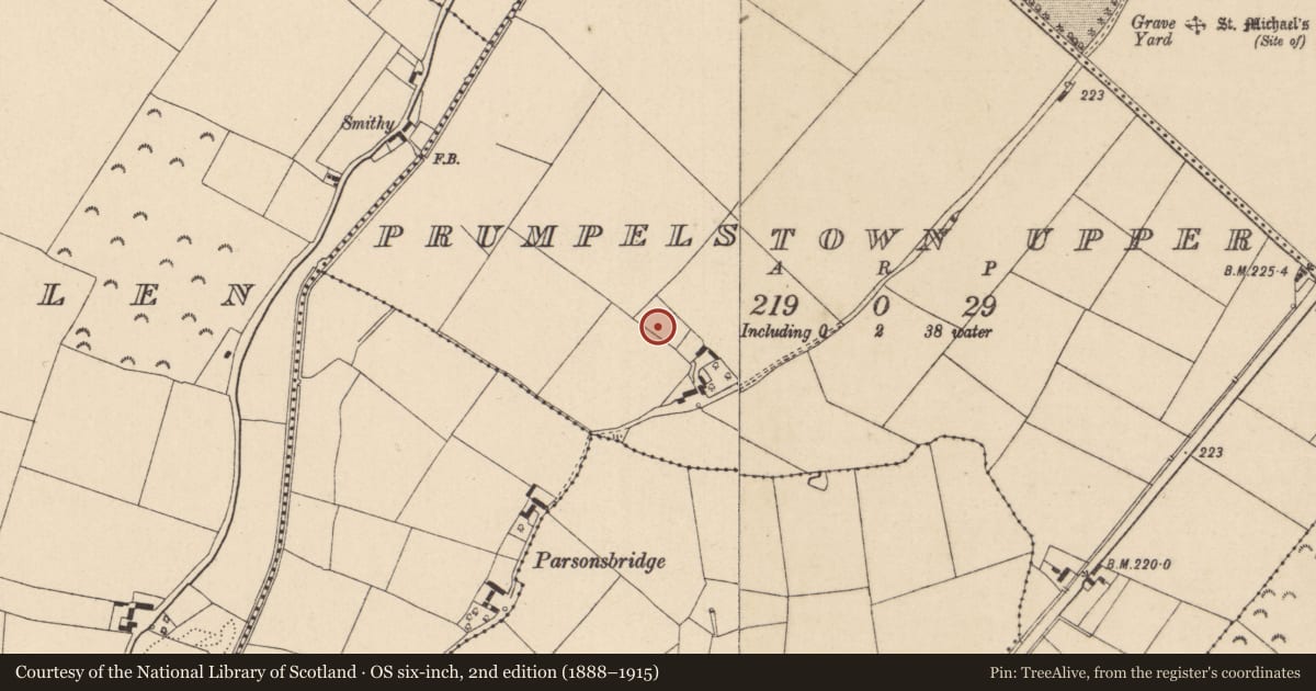Ordnance Survey six-inch map, 2nd edition (1888–1915) covering the location of Ring-ditch, Prumpelstown Upper, County Kildare, with a pin at the register's coordinates