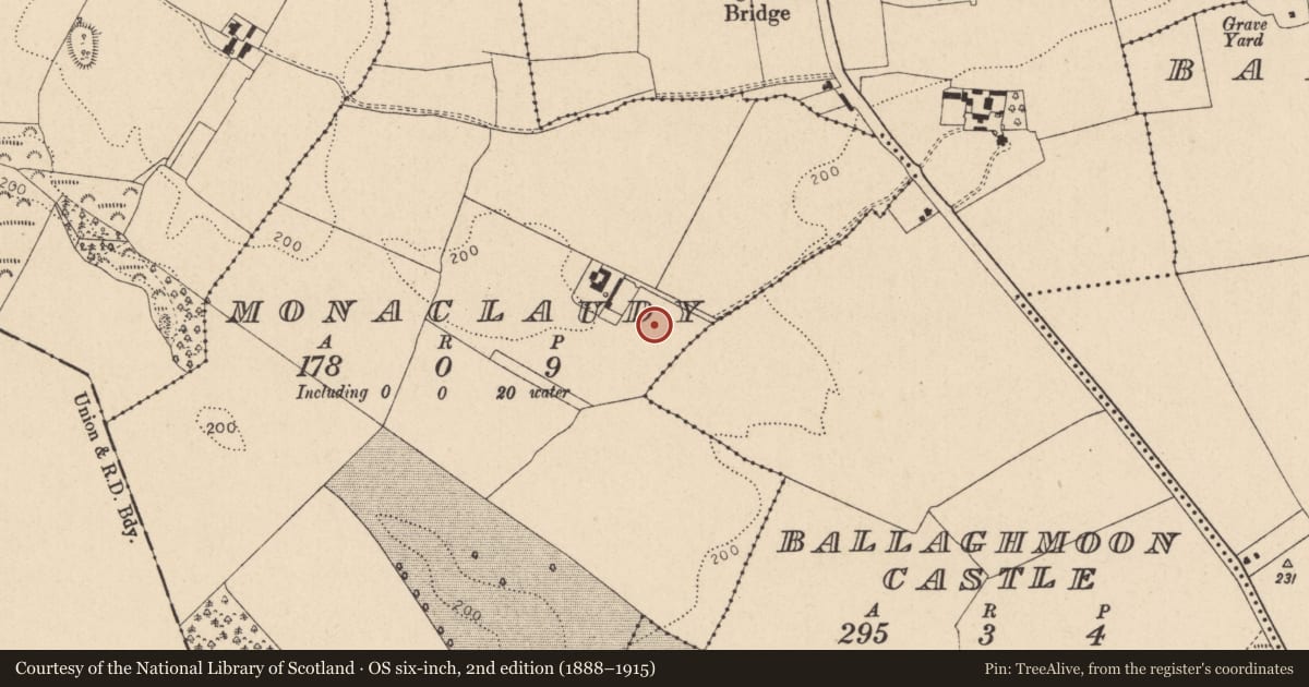 Ordnance Survey six-inch map, 2nd edition (1888–1915) covering the location of Enclosure, Monaclaudy, County Kildare, with a pin at the register's coordinates