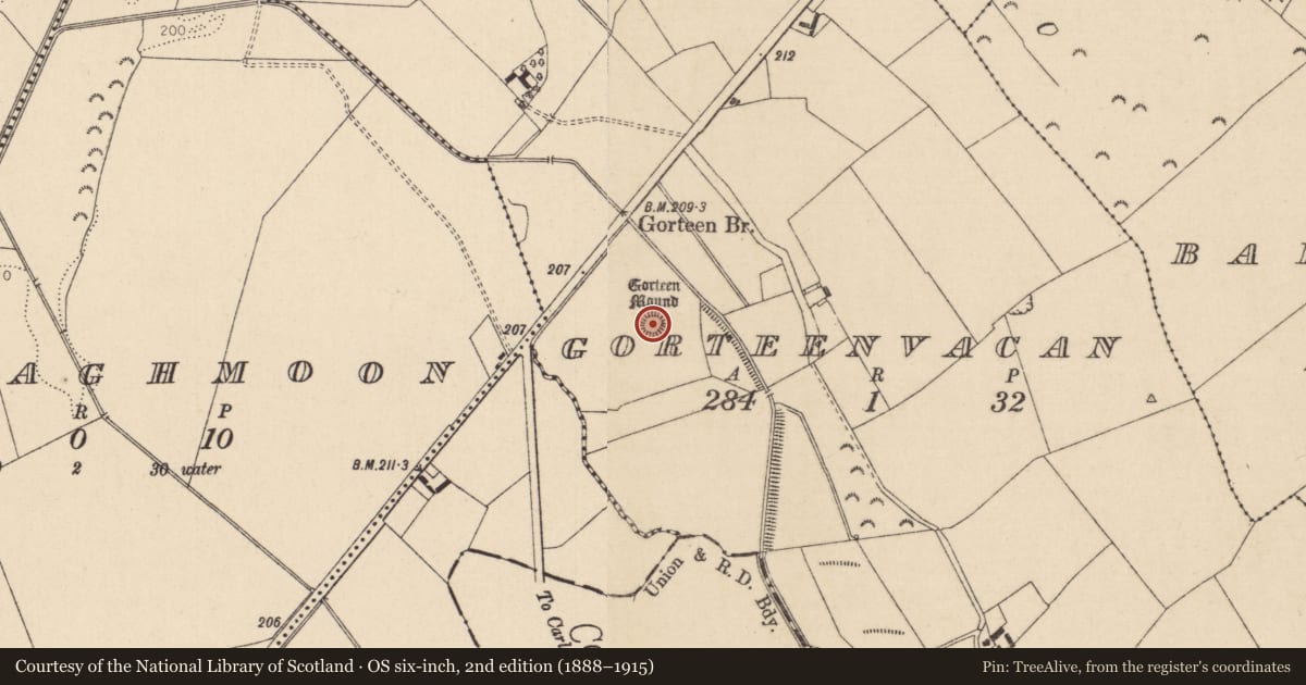 Ordnance Survey six-inch map, 2nd edition (1888–1915) covering the location of Mound, Gorteenvacan, County Kildare, with a pin at the register's coordinates