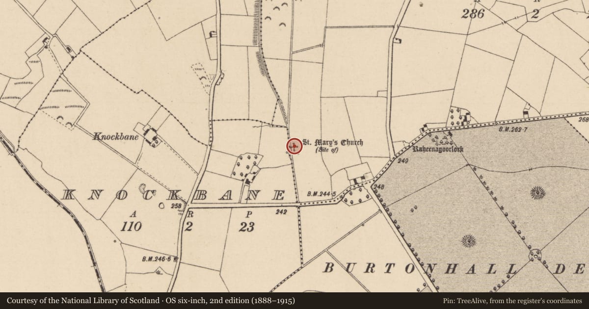 Ordnance Survey six-inch map, 2nd edition (1888–1915) covering the location of Church, Ballyhade, County Kildare, with a pin at the register's coordinates