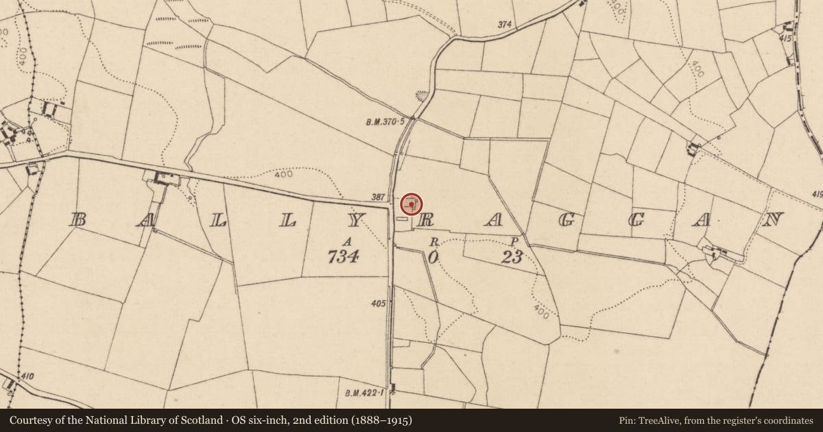Ordnance Survey six-inch map, 2nd edition (1888–1915) covering the location of House - 17th century, Ballyraggan, County Kildare, with a pin at the register's coordinates