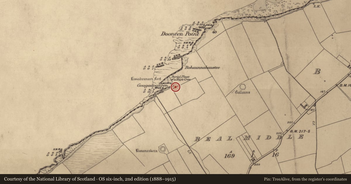 Ordnance Survey six-inch map, 2nd edition (1888–1915) covering the location of Standing stone, Beal Middle, County Kerry, with a pin at the register's coordinates