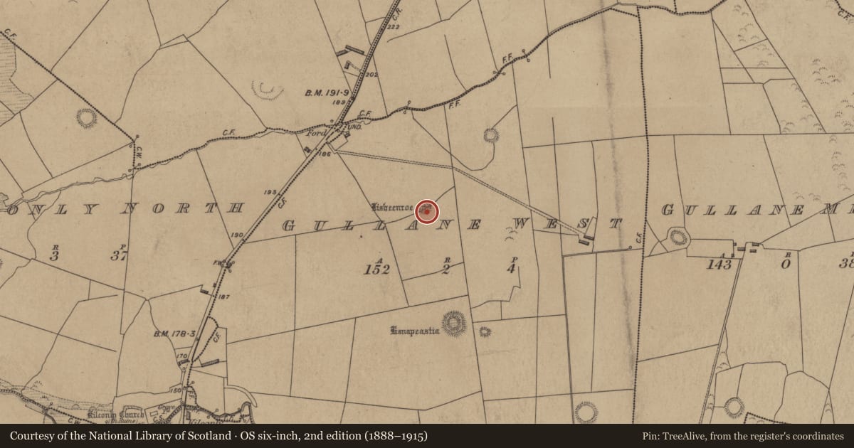 Ordnance Survey six-inch map, 2nd edition (1888–1915) covering the location of Ringfort - rath, Gullane West, County Kerry, with a pin at the register's coordinates