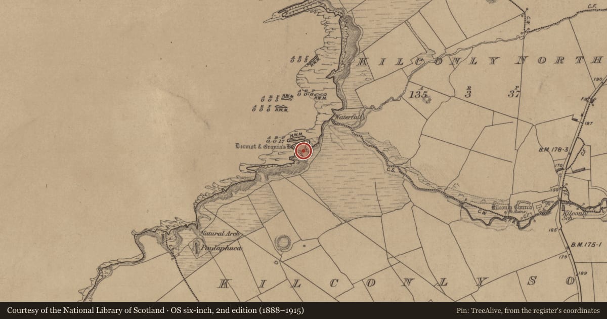 Ordnance Survey six-inch map, 2nd edition (1888–1915) covering the location of Enclosure, Kilconly South, County Kerry, with a pin at the register's coordinates