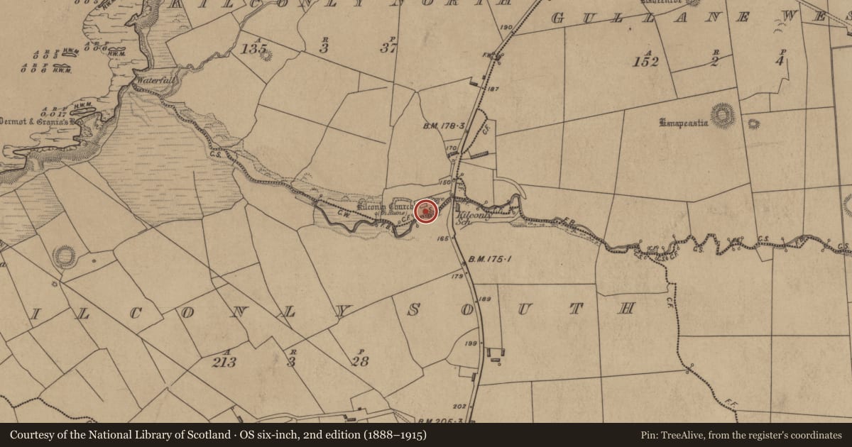 Ordnance Survey six-inch map, 2nd edition (1888–1915) covering the location of Church, Kilconly North, County Kerry, with a pin at the register's coordinates