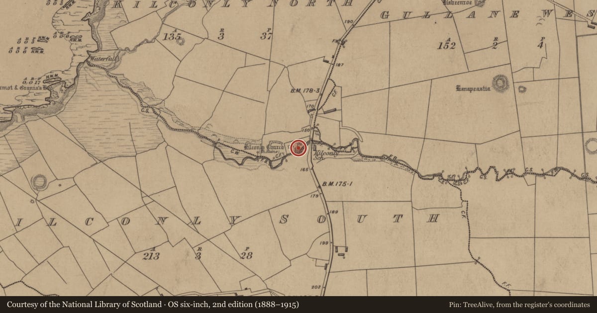 Ordnance Survey six-inch map, 2nd edition (1888–1915) covering the location of Graveyard, Kilconly North, County Kerry, with a pin at the register's coordinates