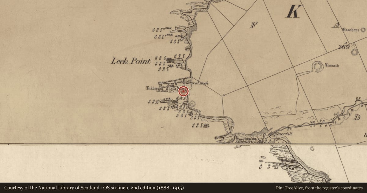 Ordnance Survey six-inch map, 2nd edition (1888–1915) covering the location of Castle - Anglo-Norman masonry castle, Faha, County Kerry, with a pin at the register's coordinates