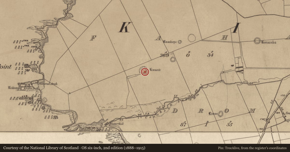 Ordnance Survey six-inch map, 2nd edition (1888–1915) covering the location of Ringfort - rath, Faha, County Kerry, with a pin at the register's coordinates