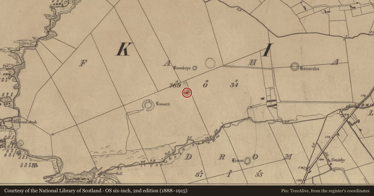 Ordnance Survey six-inch map, 2nd edition (1888–1915) covering the location of Ringfort - rath, Faha, County Kerry, with a pin at the register's coordinates