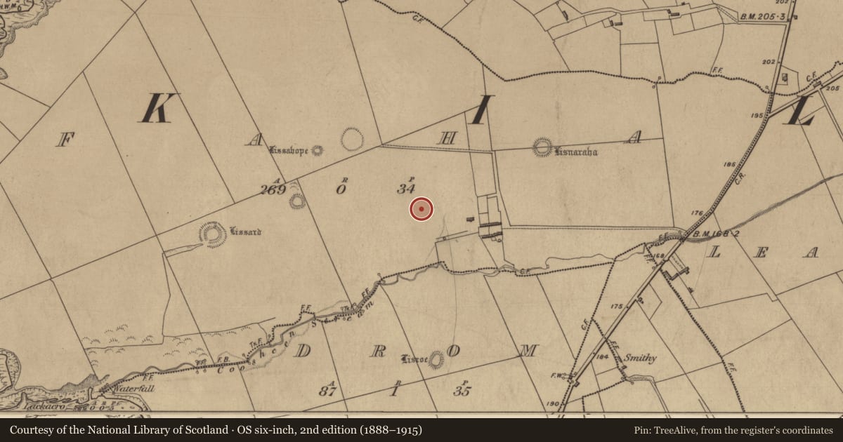 Ordnance Survey six-inch map, 2nd edition (1888–1915) covering the location of Enclosure, Faha, County Kerry, with a pin at the register's coordinates