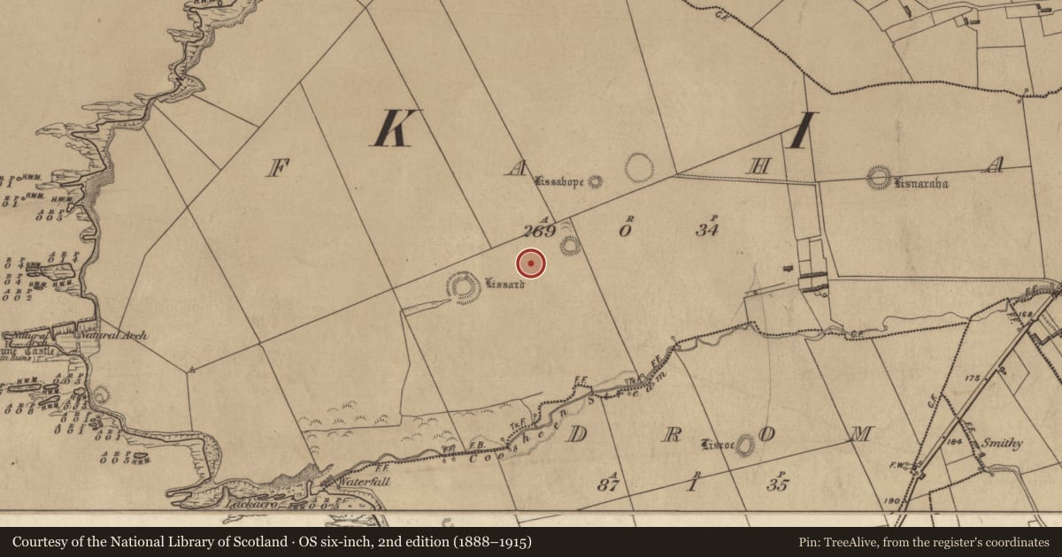Ordnance Survey six-inch map, 2nd edition (1888–1915) covering the location of Hut site, Faha, County Kerry, with a pin at the register's coordinates