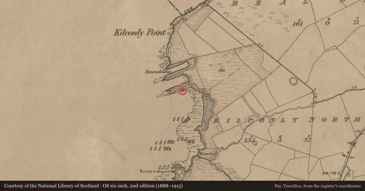 Ordnance Survey six-inch map, 2nd edition (1888–1915) covering the location of Promontory fort - coastal, Kilconly North, County Kerry, with a pin at the register's coordinates