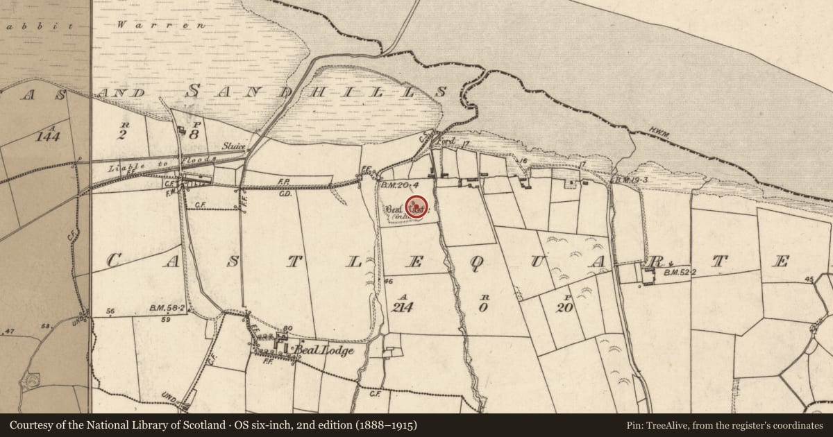 Ordnance Survey six-inch map, 2nd edition (1888–1915) covering the location of Castle - Anglo-Norman masonry castle, Castlequarter, County Kerry, with a pin at the register's coordinates