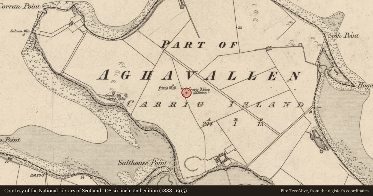 Ordnance Survey six-inch map, 2nd edition (1888–1915) covering the location of Religious house - unclassified, Carrig Island, County Kerry, with a pin at the register's coordinates