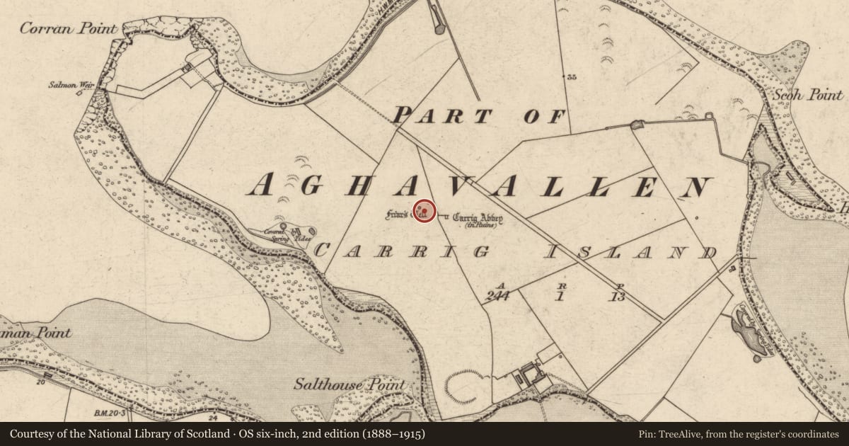 Ordnance Survey six-inch map, 2nd edition (1888–1915) covering the location of Ritual site - holy well, Carrig Island, County Kerry, with a pin at the register's coordinates