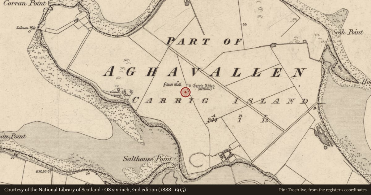 Ordnance Survey six-inch map, 2nd edition (1888–1915) covering the location of Ecclesiastical enclosure, Carrig Island, County Kerry, with a pin at the register's coordinates