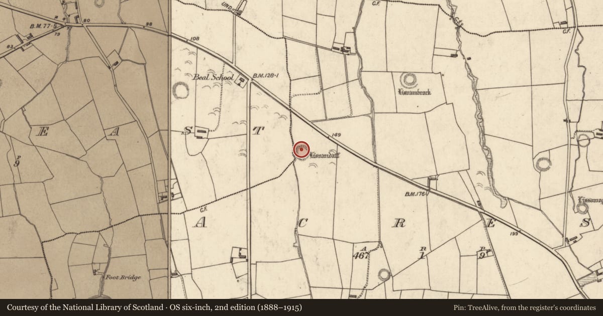 Ordnance Survey six-inch map, 2nd edition (1888–1915) covering the location of Ringfort - rath, Acres, County Kerry, with a pin at the register's coordinates