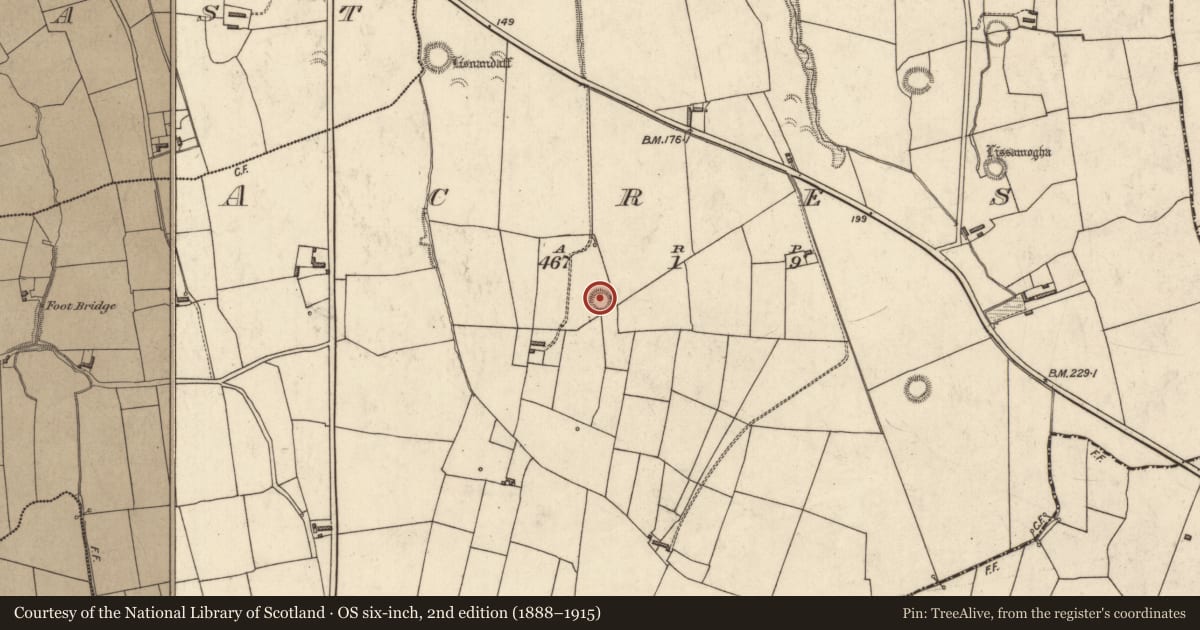 Ordnance Survey six-inch map, 2nd edition (1888–1915) covering the location of Ringfort - rath, Acres, County Kerry, with a pin at the register's coordinates