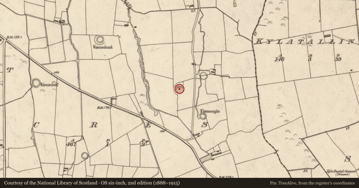 Ordnance Survey six-inch map, 2nd edition (1888–1915) covering the location of Ringfort - rath, Acres, County Kerry, with a pin at the register's coordinates