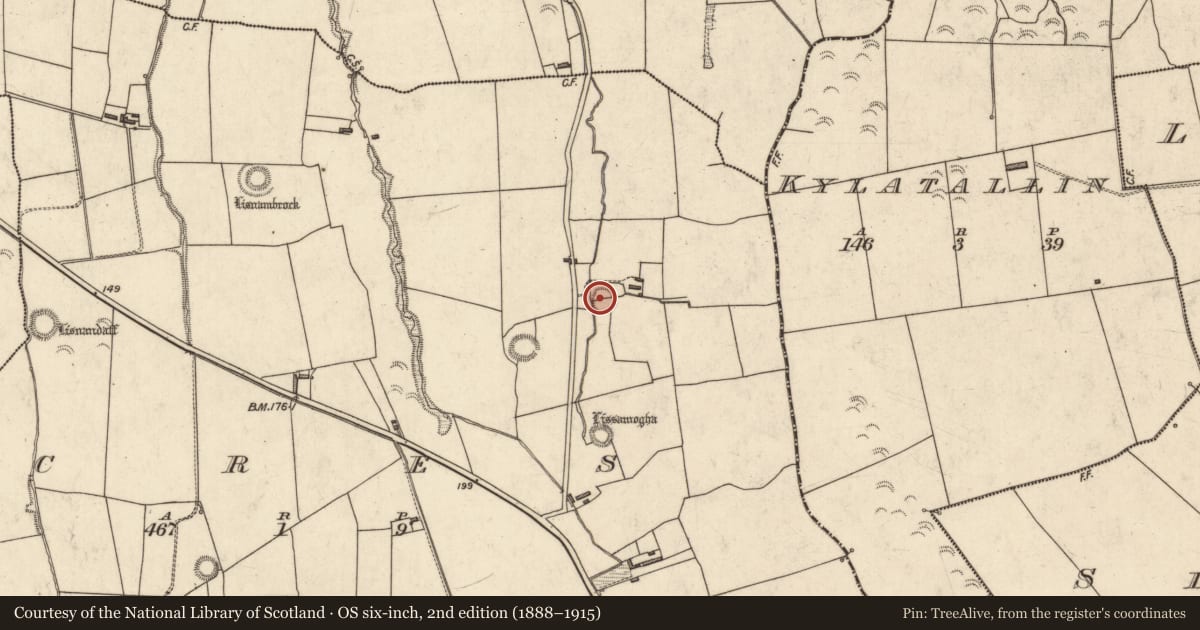 Ordnance Survey six-inch map, 2nd edition (1888–1915) covering the location of Ringfort - rath, Acres, County Kerry, with a pin at the register's coordinates