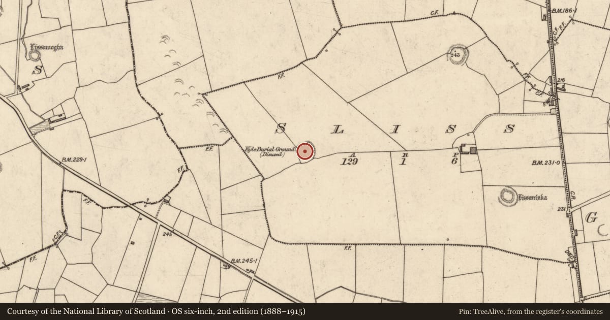 Ordnance Survey six-inch map, 2nd edition (1888–1915) covering the location of Burial ground, Sliss, County Kerry, with a pin at the register's coordinates