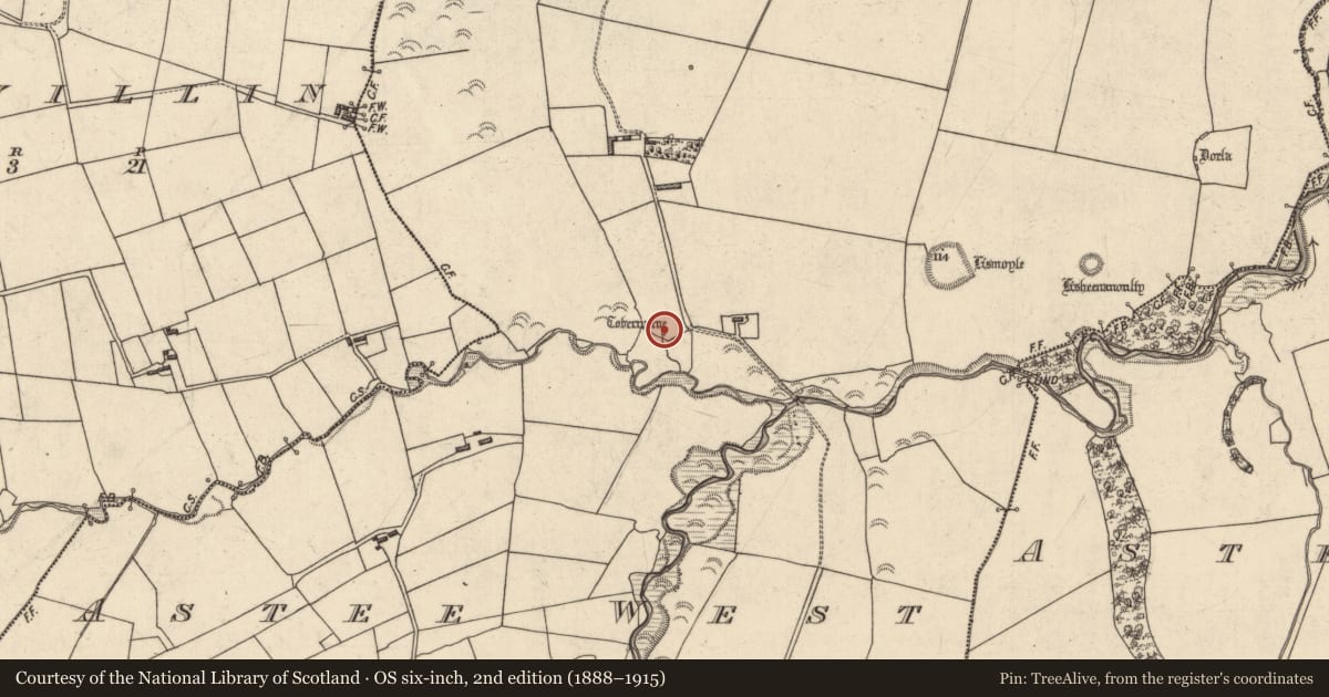 Ordnance Survey six-inch map, 2nd edition (1888–1915) covering the location of Ritual site - holy well, Astee West, County Kerry, with a pin at the register's coordinates