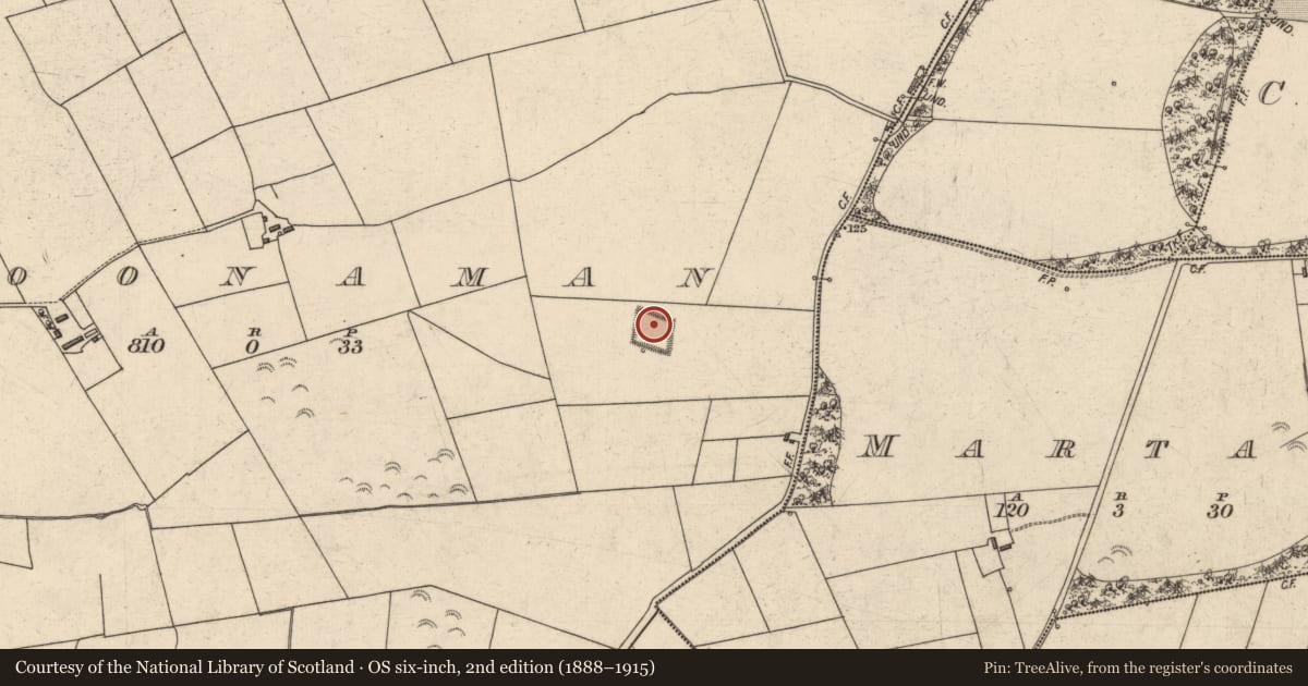 Ordnance Survey six-inch map, 2nd edition (1888–1915) covering the location of Moated site, Cloonaman, County Kerry, with a pin at the register's coordinates