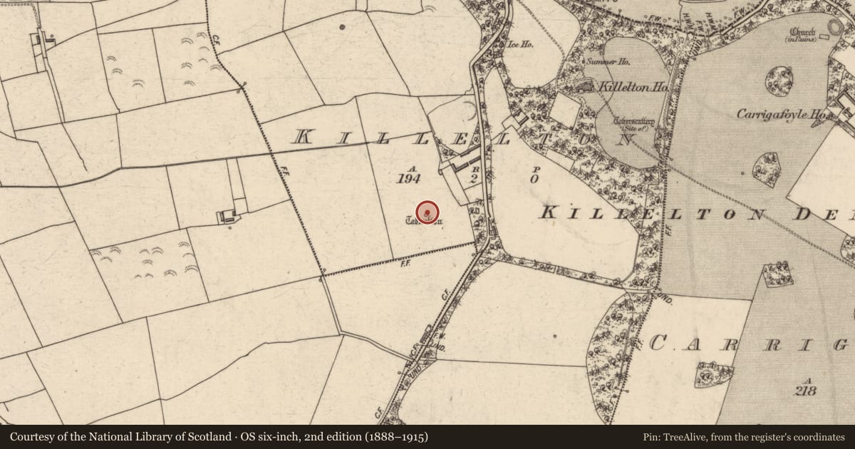 Ordnance Survey six-inch map, 2nd edition (1888–1915) covering the location of Ritual site - holy well, Killelton, County Kerry, with a pin at the register's coordinates