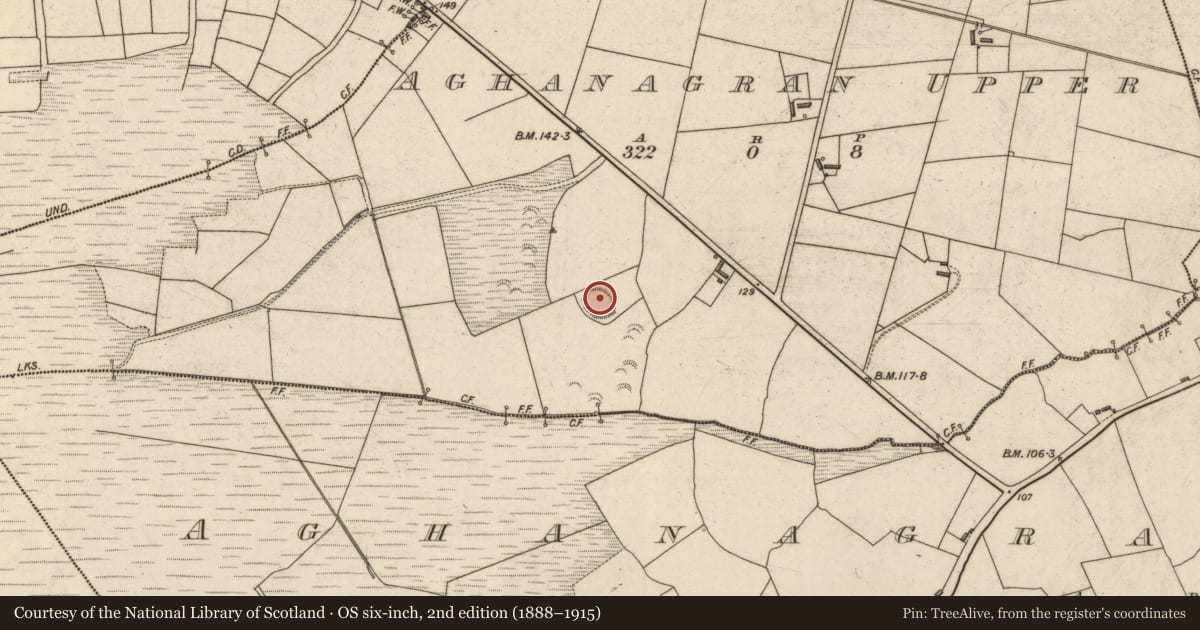 Ordnance Survey six-inch map, 2nd edition (1888–1915) covering the location of Enclosure, Aghanagran Upper, County Kerry, with a pin at the register's coordinates