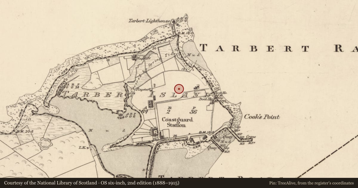 Ordnance Survey six-inch map, 2nd edition (1888–1915) covering the location of Battery, Tarbert Island, County Kerry, with a pin at the register's coordinates