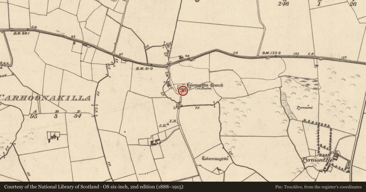 Ordnance Survey six-inch map, 2nd edition (1888–1915) covering the location of Graveyard, Carhoona, County Kerry, with a pin at the register's coordinates