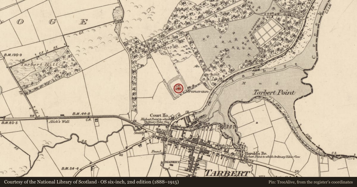 Ordnance Survey six-inch map, 2nd edition (1888–1915) covering the location of Moated site, Tarbert, County Kerry, with a pin at the register's coordinates