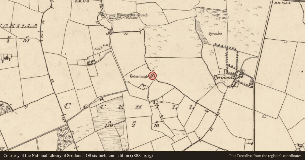 Ordnance Survey six-inch map, 2nd edition (1888–1915) covering the location of Ritual site - holy well, Cockhill, County Kerry, with a pin at the register's coordinates
