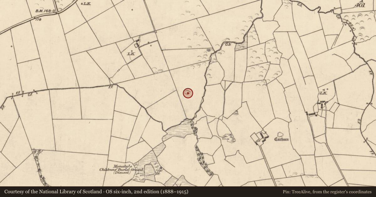 Ordnance Survey six-inch map, 2nd edition (1888–1915) covering the location of Fulacht fia, Carhoona, County Kerry, with a pin at the register's coordinates