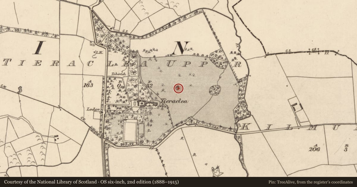 Ordnance Survey six-inch map, 2nd edition (1888–1915) covering the location of Enclosure, Tieraclea Upper, County Kerry, with a pin at the register's coordinates