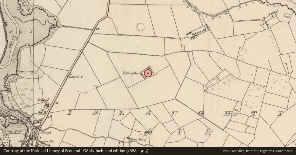 Ordnance Survey six-inch map, 2nd edition (1888–1915) covering the location of Moated site, Lislaughtin, County Kerry, with a pin at the register's coordinates