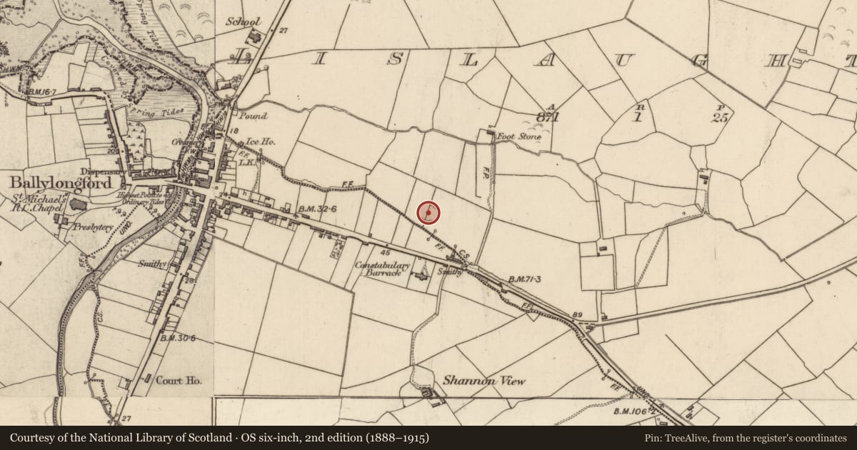 Ordnance Survey six-inch map, 2nd edition (1888–1915) covering the location of Fulacht fia, Lislaughtin, County Kerry, with a pin at the register's coordinates