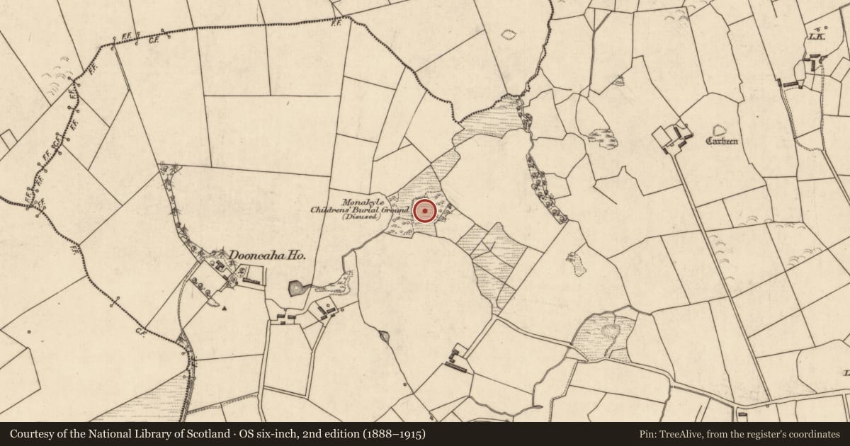 Ordnance Survey six-inch map, 2nd edition (1888–1915) covering the location of Children's burial ground, Dooncaha, County Kerry, with a pin at the register's coordinates